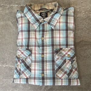 Timberland Men's XXL Blue Brown Plaid Short Sleeve Button Down Cotton Shirt